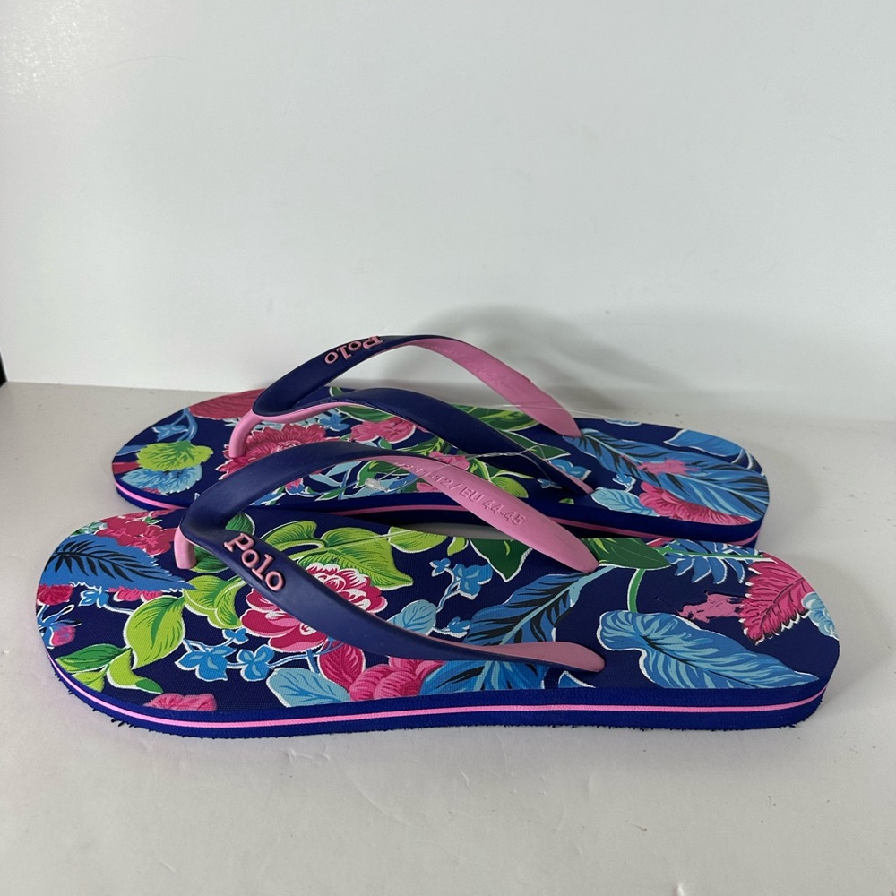 Polo Ralph Lauren Bolt Floral Men’s Flip Flops Sandals size 11-12 in Blue Pink